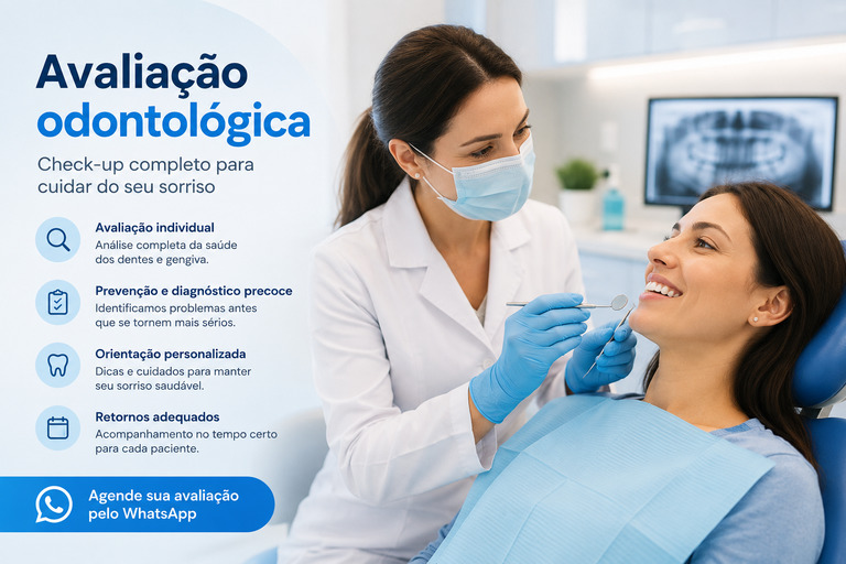 Imagem educativa sobre avaliação odontológica e check-up preventivo