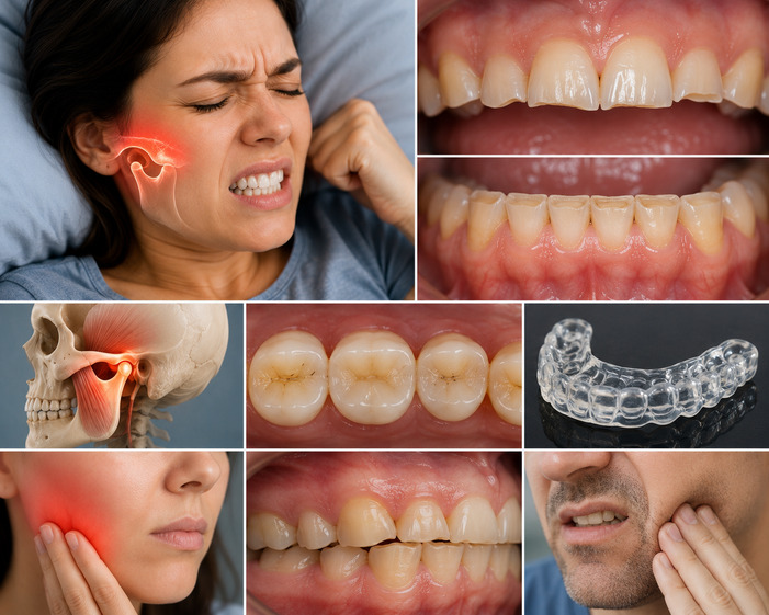 Imagem educativa sobre bruxismo e sinais de apertamento dental