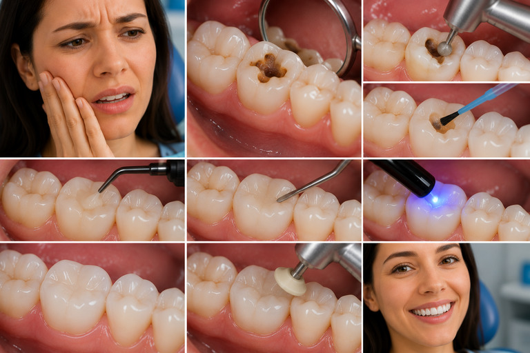 Imagem educativa sobre restauração dentária e avaliação clínica