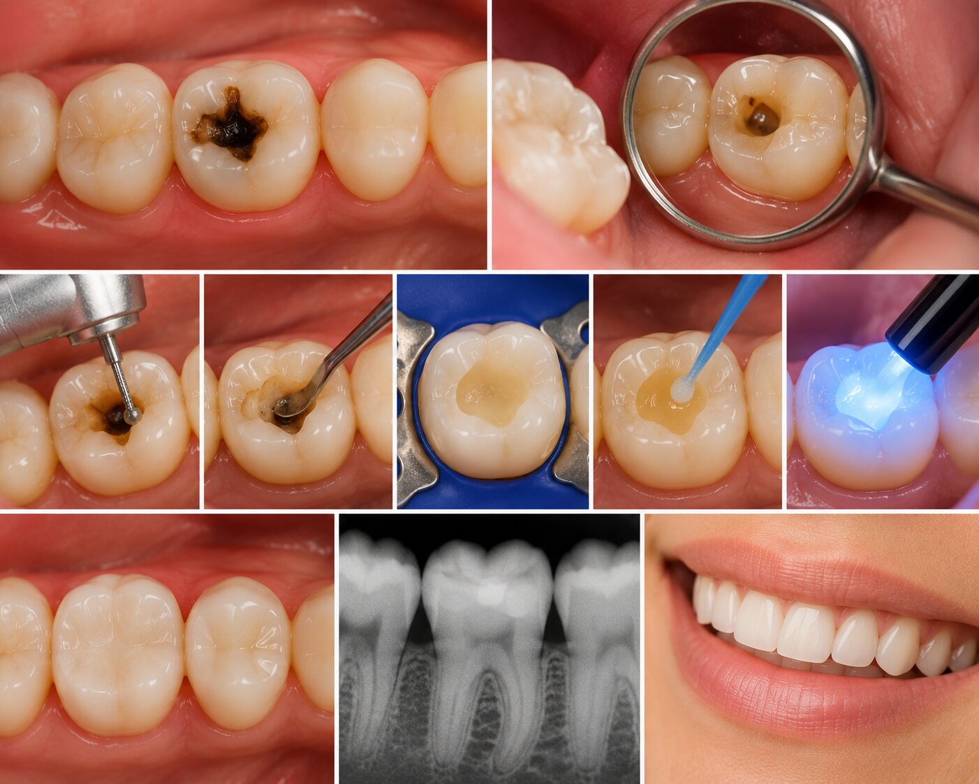 Imagem educativa sobre tratamento de cárie e restauração dental